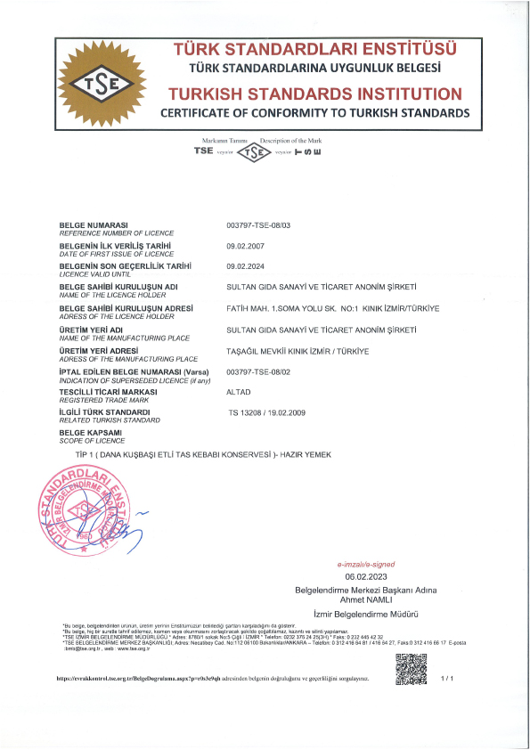 TSE Certificate for Canned Tas Kebab