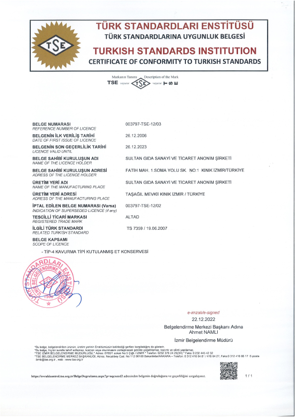TSE Certificate for Canned Roasting